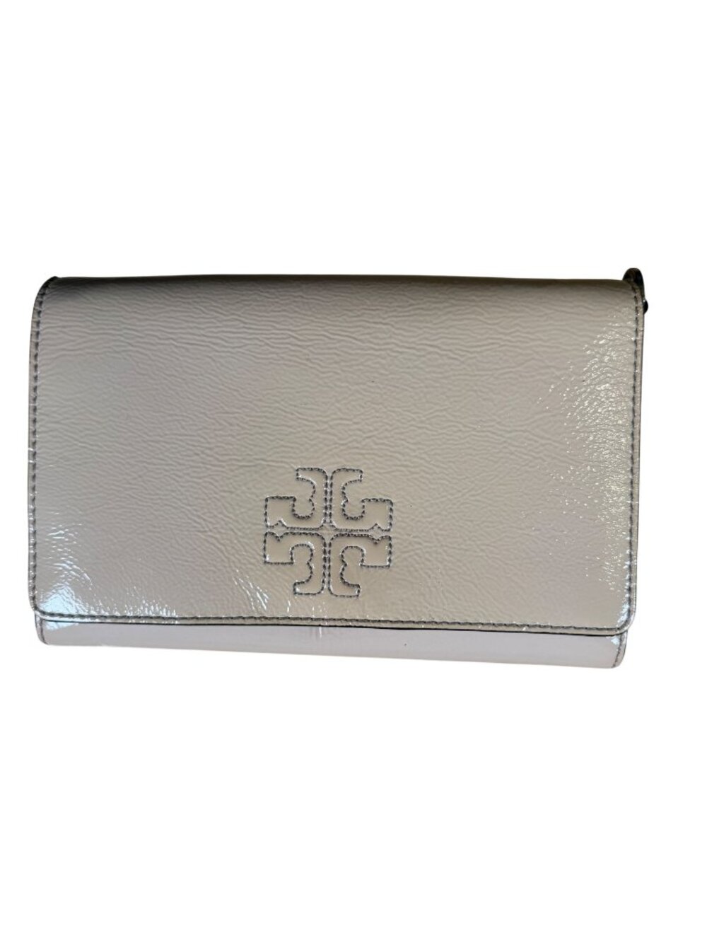Tory Burch Britten Patent Leather Tan Gray Combo Crossbody Clutch Purse